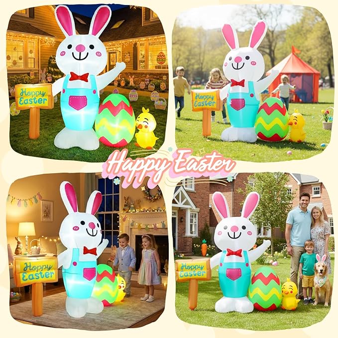 5FT Easter Inflatable Outdoor Decorations Bunny with Egg & Chick Blow Up Yard Ornament with Soft LED Illumination Stable Blower & Fixing Kit for Spring Lawn Decor Garden Holiday Party Display