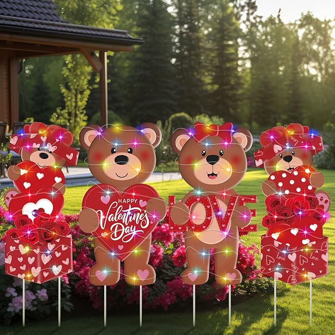 Bencailor 4 Pcs Valentine's Day Outdoor Decorations Valentine's Day Bear Yard Signs Stakes with LED Light Love Bear Heart Rose Lawn Decor for Holiday Lawn Patio Party Wedding Anniversary Decor
