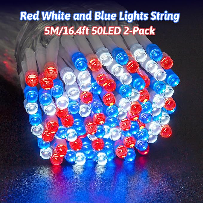 Red White and Blue Lights String for 4th of July Decorations Outdoor Total 100 LED 33ft for Memorial Day Decorations, Battery Operated Waterproof Timer Patriotic for Independence Day, 2-Pack