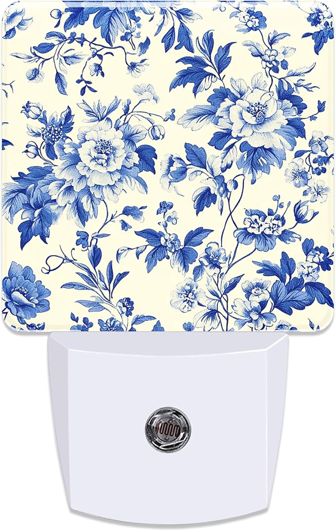 Vintage Blue Flowers Night Light for Kids, Dusk-to-Dawn Auto Sensor Plug in Night Light, 0.5W Energy Saving Non-Toxic Design for Bedroom/Bathroom, Ideal Gifts for Women, Men & Kids