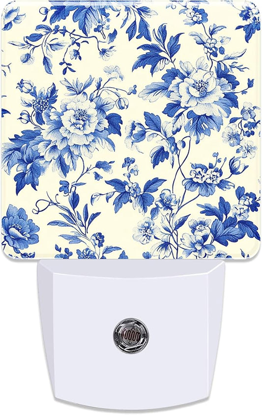 Vintage Blue Flowers Night Light for Kids, Dusk-to-Dawn Auto Sensor Plug in Night Light, 0.5W Energy Saving Non-Toxic Design for Bedroom/Bathroom, Ideal Gifts for Women, Men & Kids
