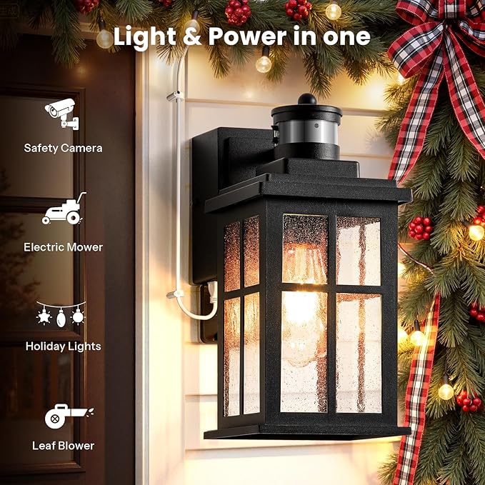 Gleamz Motion Sensor Outdoor Porch Light with GFCI Outlet, Modern Black Exterior Lighting Fixtures Wall Mount for House, Anti-Rust Waterproof Dusk to Dawn Outdoor Wall Sconce Lantern for Garage, Coach