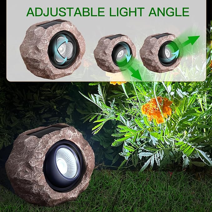 4 Pack Solar Rock Lights Outdoor, Angle Adjustable Solar Lights Outdoor Waterproof, LED Solar Garden Lights, Auto On/Off Landscape Lighting for Yard Pathway Patio Flower Bed - White Glow (Stone Brown)