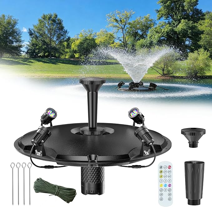 POPOSOAP Floating Pond Fountain With LED Lights, Pond Fountain Aerator Complete Kit with 1600GPH Water Pump 50FT Power Cord, 3 Spray Styles for Ponds, Pool, Lakes & Water Gardens P155