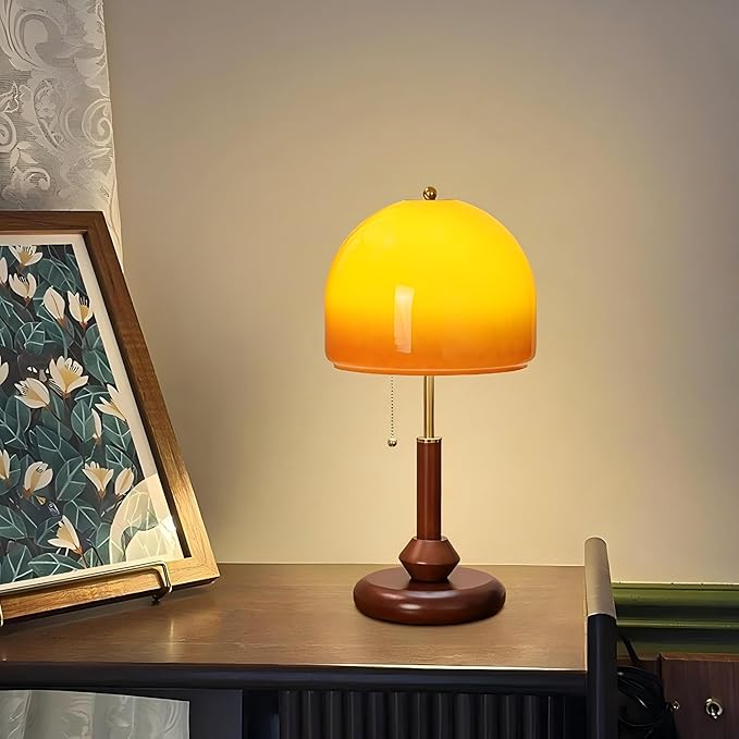 LIGHTLAND Orange Table Lamp, Glass Lampshade Metal Lamp Body Wood Base, Decorative Mushroom Lamp, Vintage Table Lamp for Living Room Bedroom Study, 9.4 * 19.7 Inch