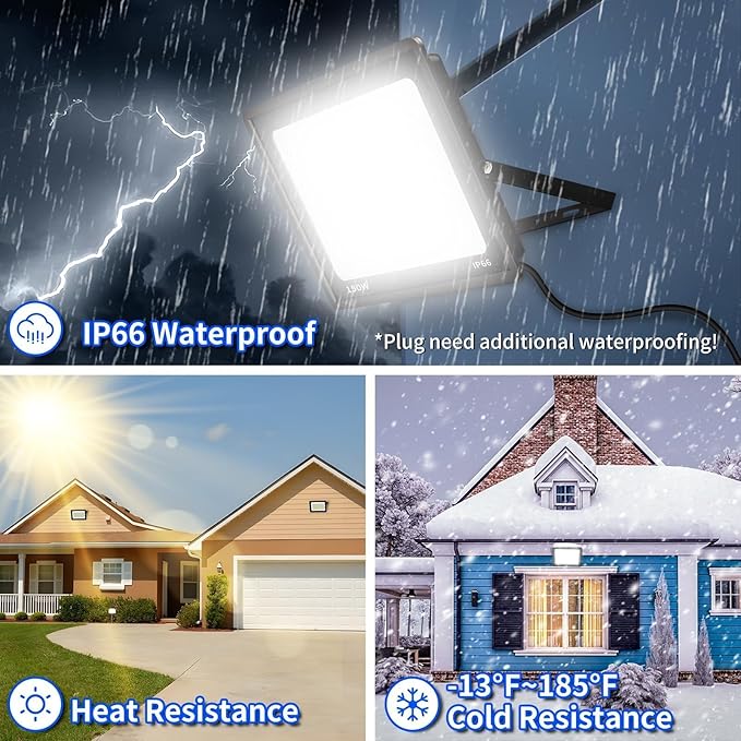 150W LED Outdoor Flood Lights with Plug, 18000lm Bright Work Light with 6ft Cord, 5000K Daylight White Exterior Floodlight, IP66 Waterproof Security Light Yard Lights for Garage Stadium 2 Pack