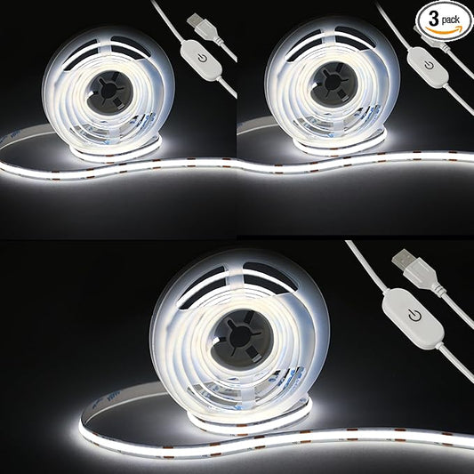 Led Strip Lights 5V USB 6.56ft/2m 640 LEDs Touch stepless Dimmable USB COB LED Strip Light 6500K White 10W Flexible 5v led for Bedroom Kitchen,Room Decor,3D Printing Lighting (3Pack)