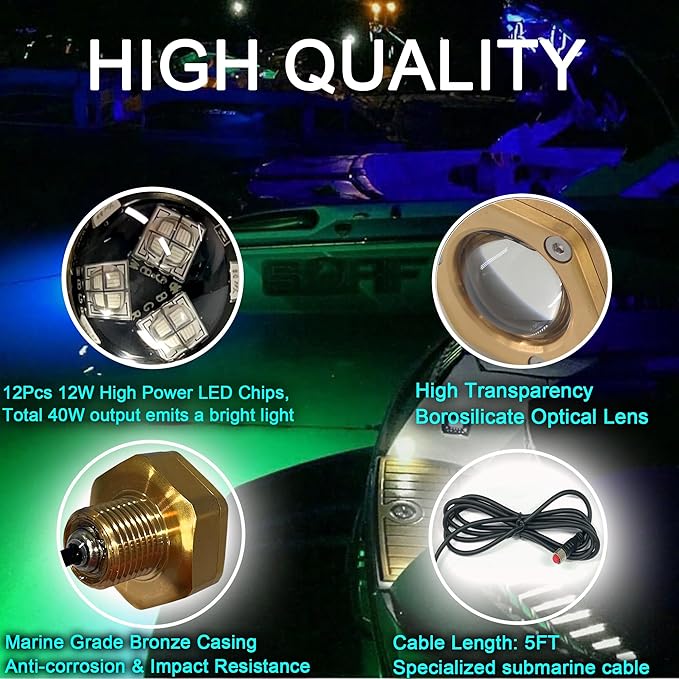 2 Pcs Standard 1/2in NPT Boat Drain Plug Light Underwater Boat LED Light,Boat Trailer Light with APP RF Remote Control for Fishing Swimming Divinng,Smart Cooling System,40W,4100LM (Green)