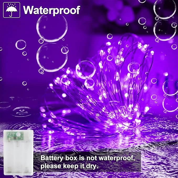YAOZHOU Halloween Christmas Decorations Purple Fairy String Lights Indoor, Battery Operated with Timer, 2Pack Total 33FT 100 Led Mini Battery Powered Mason Jar Waterproof Firefly Lights DIY Party