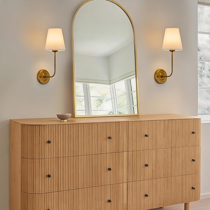 TERLEENART Hardwired Wall Sconce Set of 2 with Flared Shape White Textile Shade Curved Arm and Antique Brass Finish Metal Base,Perfect for Bedroom Living Room Bathroom Vanity Area