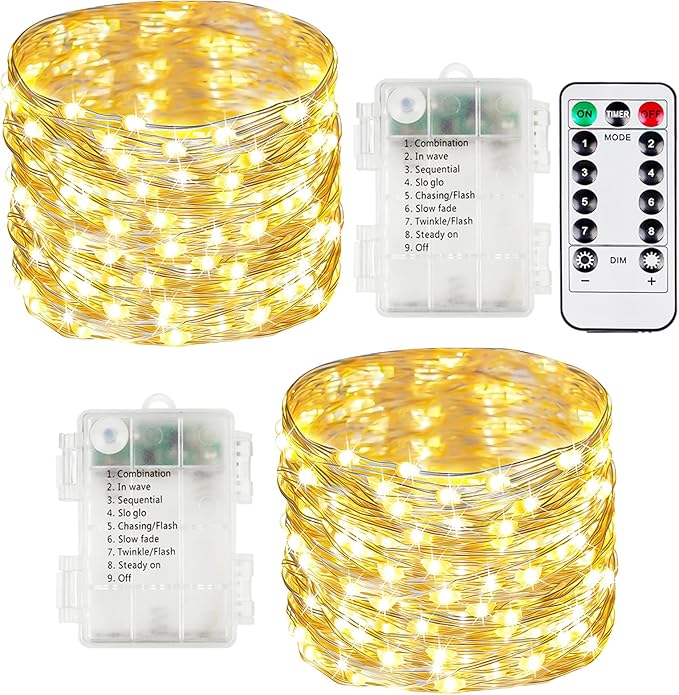 2 Pack Fairy Lights Battery Operated with Remote, 200LED 66FT Twinkle Lights Waterproof for Outdoor & Indoor, 8 Modes Battery String Light Timer for Christmas Party Birthday Home DIY Décor(Warm White)
