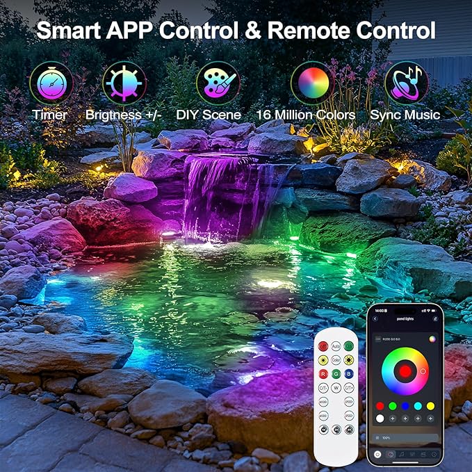 Underwater LED Pond Light with 12V Transformer, 6W Turtle Fountain Light LED Underwater with APP, IP68 Waterproof Underwater Lights for Pond Fountain Waterfall Yard Water Feature, 4 SpotLights