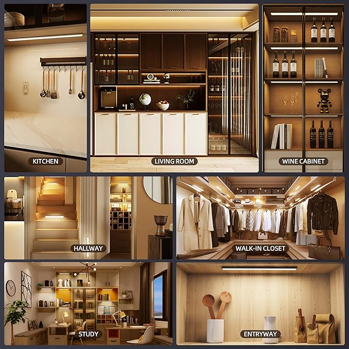 204 LED Under Cabinet Lights Wireless with Full Lighting,Rechargeable Closet Lights with Remote and Motion Sensor Indoor,Under Counter Light with CCT and Dimmable for Kitchen,Stair(3 Pack,23.6inch)