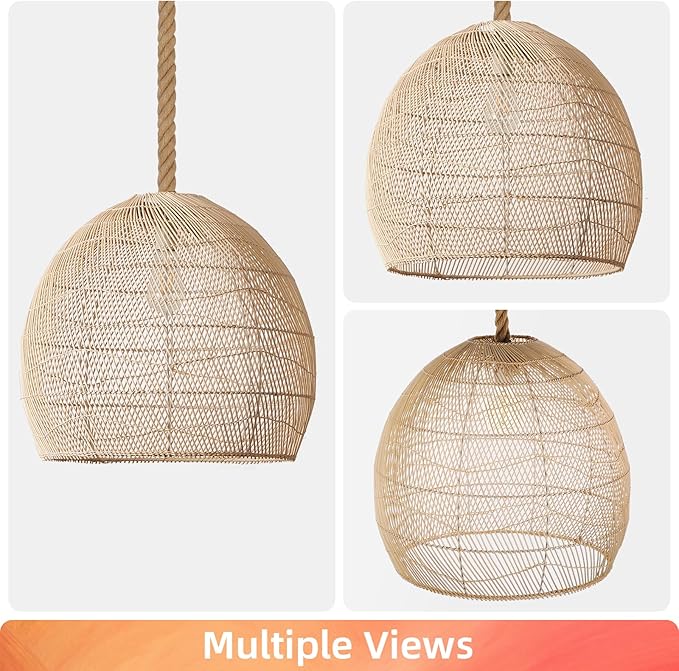 Arturesthome Natural Rattan Pendant Light for Kitchen Island, Woven Lamp Shade Chandelier, Hanging Ceiling Light, Handmade Lampshade Rope Lamp D15.7in*13.7in