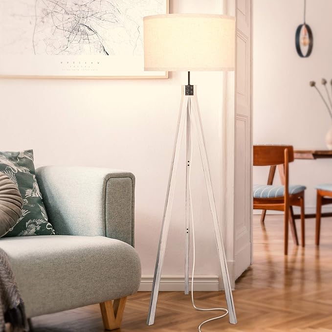 Brightech Eden Tripod Floor Lamp, Dimmable Standing Lamp with Solid Wood Legs for Bedroom Reading, Tall Tree Lamp for Offices, Modern LED Lamp for Living Rooms, Great Living Room Decor - Rustic Wood