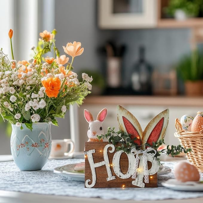 Leinuosen Easter Table Decoration Wooden Sign with LED Lights, Easter Lighted Decor Rustic Farmhouse Table Centerpiece with 3D LED Bunny Ears for Tiered Tray Home Spring Party Decor