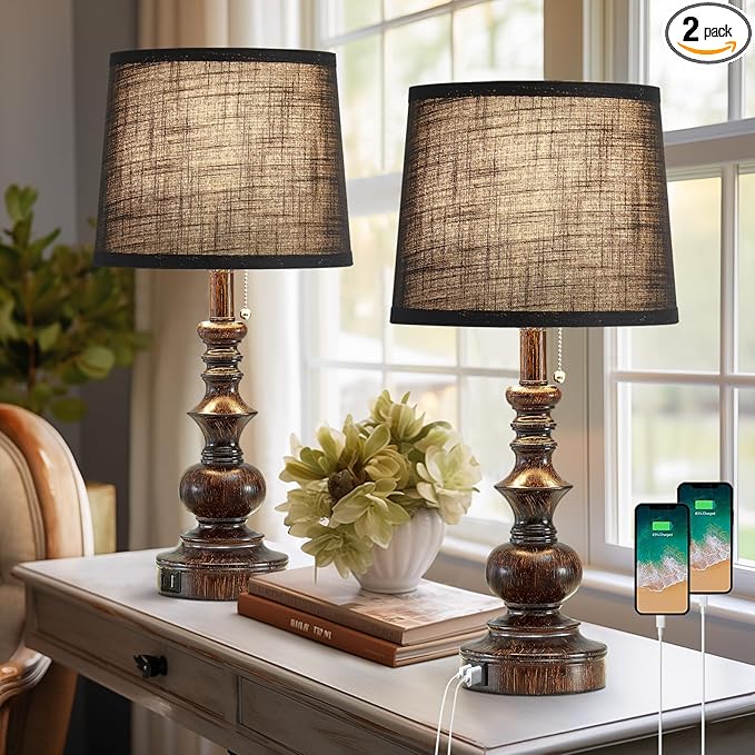 22'' Bedside Lamps for Bedroom Set of 2 Rustic Farmhouse Nightstand Lamps with USB A+C Charging Ports Traditional Table Lamps for Living Room Office, Wooden Finish, Black, Bulbs Not Include