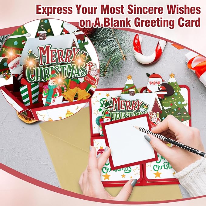 FaCraft Musical Christmas Cards, with Lights and Music, Handmade 3D Light Up Merry Christmas Card Gift, with Envelope, Blank Insert and Seal, for Winter, Holidays, New Year (Santa)