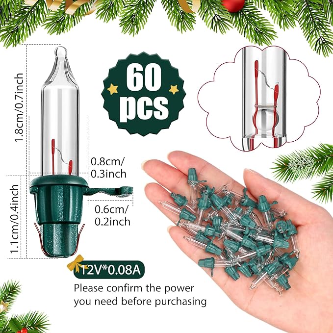 Mudder 60 Count Christmas Replacement Mini Light Bulbs with Base Christmas Tree Incandescent Wire String Lights Replacement Bulbs for Xmas Indoor Outdoor Decoration(Warm White,12vx0.08a)