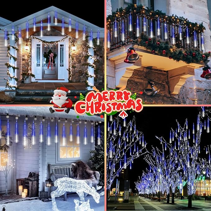 KNONEW Christmas Lights Outdoor, 15 inch 24 Tubes 672 LED Meteor Shower Lights Plug in Waterproof Falling Rain Light for Xmas Tree Wedding Party Garden Holiday Decorations (Blue and Cool White)