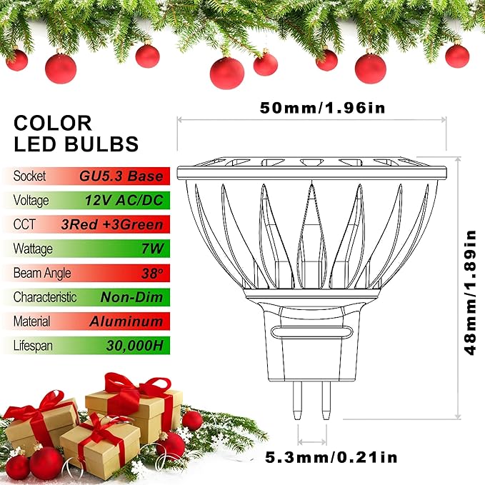 ALIDE LED Bulbs, 7W MR16, Red Green, 38 Deg, 6 Pack Mix, Replace 50W-75W Halogen, Low Voltage AC/DC12V, GU5.3 Base, for Christmas Holiday Decoration, Outdoor Landscape Lighting