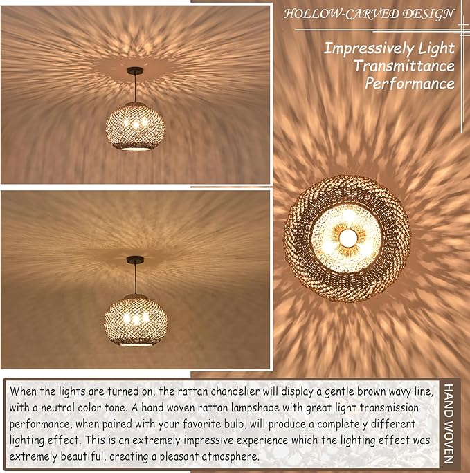 16.94" Rattan Pendant Light Fixture, 3-Light Woven Wicker Seagrass Hanging Lighting Boho Coasta Rattan Chandelier of Kitchen Island Farmhouse Dining Room Entryway Foyer