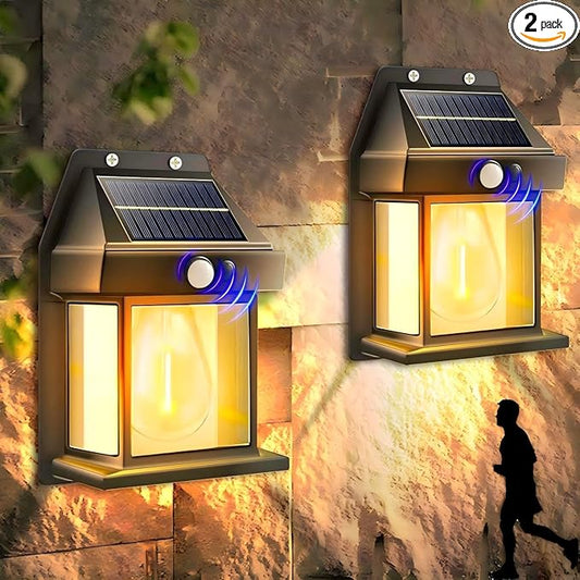 2-Pack 8.2" H Outdoor Solar Powered Wall Sconce Lights Dawn to Dusk Motion Sensor 3 Lighting Modes for Porch Garage House Patio Shed Barn Door Yard Outside Decorative Waterproof -Black.