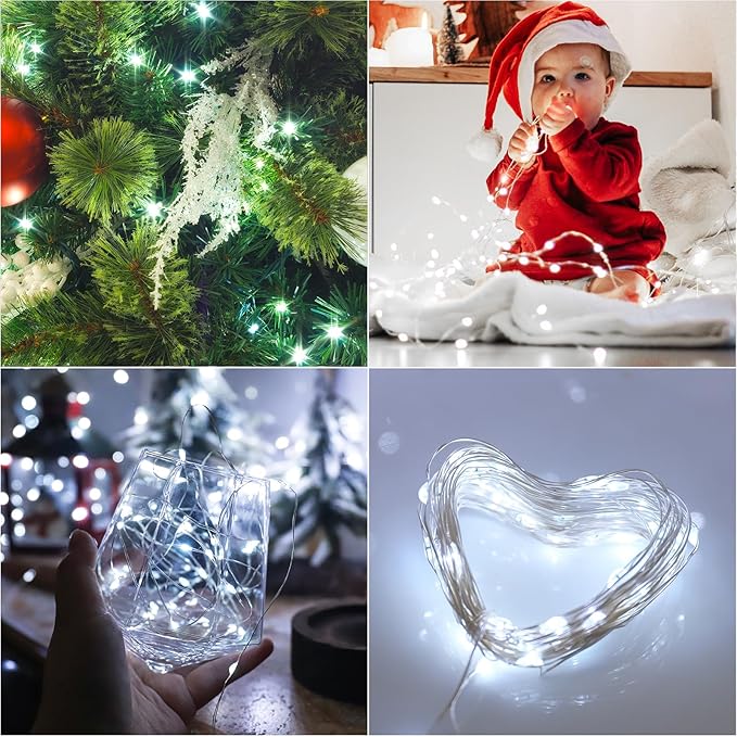 YAOZHOU Christmas Decorations Cool White Fairy String Lights, Battery Operated with Timer, 2 Pack Total 33FT 100 Led Mini Battery Powered Mason Jar Waterproof Firefly Lights DIY Party