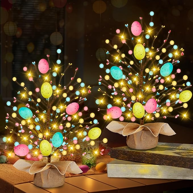 2 Pack & Timer - Easter Decorations, Easter Tree Tabletop with 20 Warm White Lights Battery Operated 19 Inch 8 Large Colorful Eggs 72 Colorful Berries Artificial Tree Easter Decor Spring Home Party