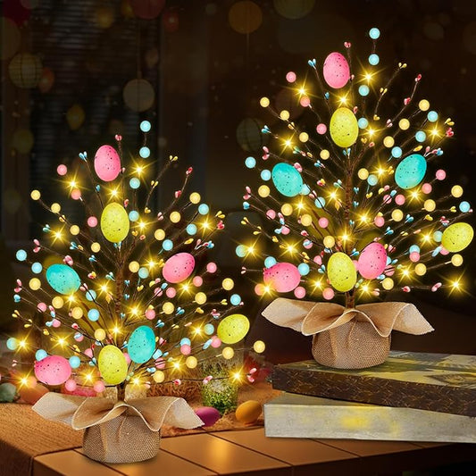 2 Pack & Timer - Easter Decorations, Easter Tree Tabletop with 20 Warm White Lights Battery Operated 19 Inch 8 Large Colorful Eggs 72 Colorful Berries Artificial Tree Easter Decor Spring Home Party