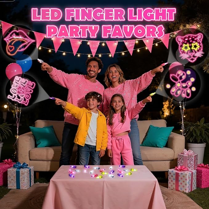 36 Pack Pink Party Favors LED Finger for Kids, Goodie Bags Stuffers, Glow in the Dark Pink Theme Birthday Party Supplies, Treasure Box Valentines Classroom Gifts