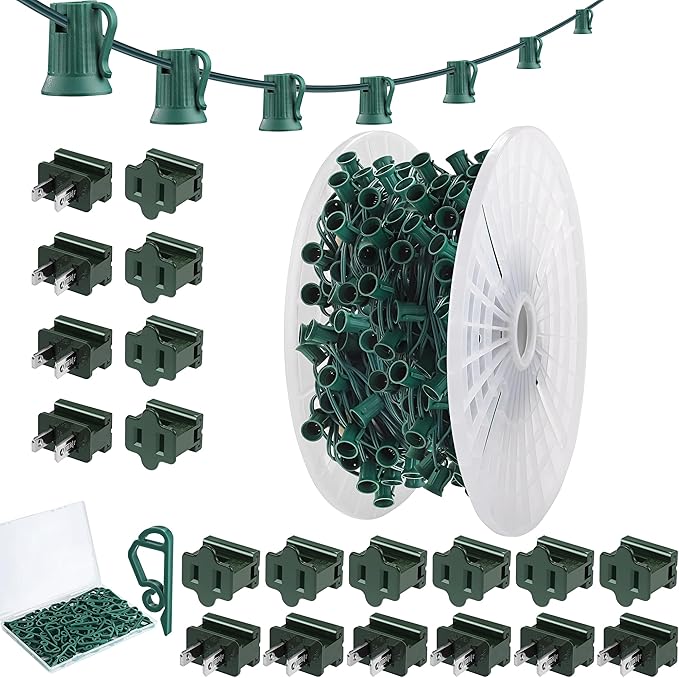 Fovths 250 Ft C9/E17 Christmas Light Sockets Set Outdoor UL Listed String Light Include 250 E17 Socket with 100 Clips, 20 Female Male Plug, Stringer Spool Christmas C9 Green Wire for Patio Event Decor