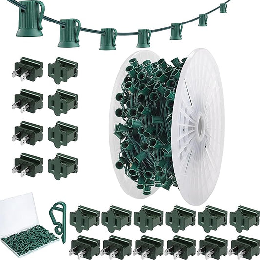 Fovths 250 Ft C9/E17 Christmas Light Sockets Set Outdoor UL Listed String Light Include 250 E17 Socket with 100 Clips, 20 Female Male Plug, Stringer Spool Christmas C9 Green Wire for Patio Event Decor