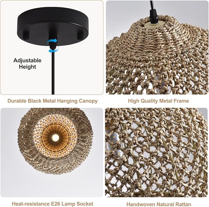 Pendant Light Rattan Fixture,Farmhouse 13.79” Wicker Hand-Woven Suspension Bohemian Chandelier for Kitchen Island Bedroom Living Room Entry Hallway