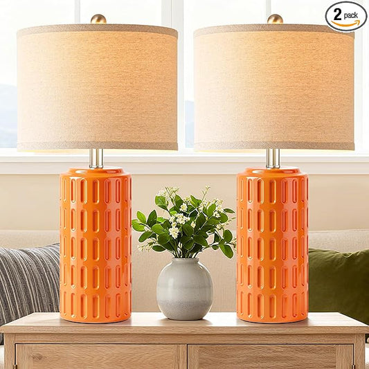 PARTPHONER 23" Farmhouse Modern Ceramic Table Lamp Set of 2 - Orange Bedside Lamps for Bedroom & Living Room, Nightstand, Desk, End Table