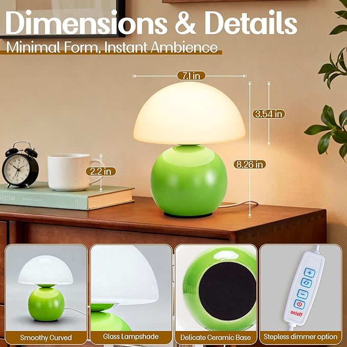 Small Mushroom Lamp,USB-Plug in Bedside Table Lamps with 3-Temperature LED Bulb Dimmable,Unique Cute Aesthetic Home Decor for Living Room,Bedroom, Modern Ceramic Base Glass Lamp(Green)