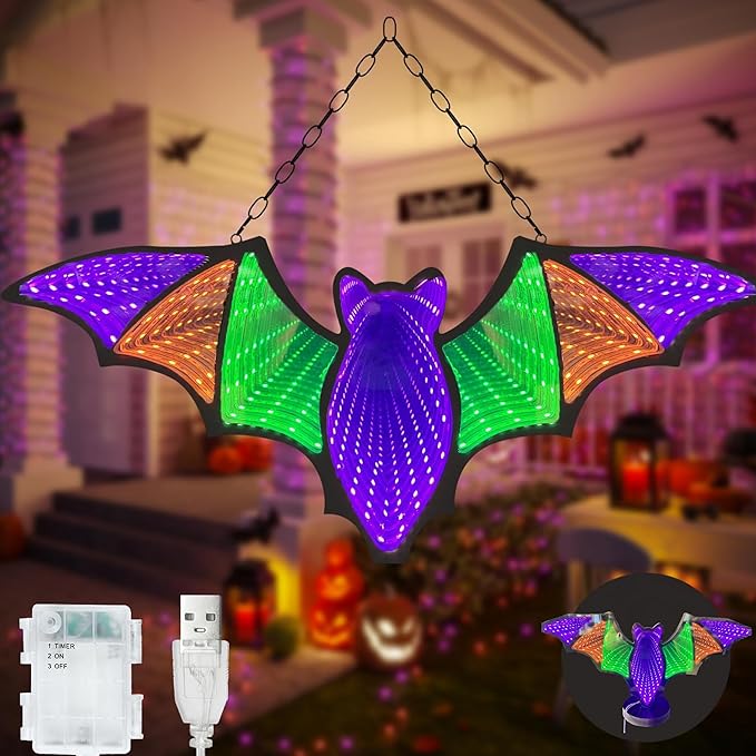 Bat Neon Signs,3D Infinity Mirror Light for Table/Wall Art Decor,Halloween Neon Lights Decoration USB/Battery Powered Led Neon Sign for Halloween Wall Decor, Bedroom, Kids Gift, Bar, Party