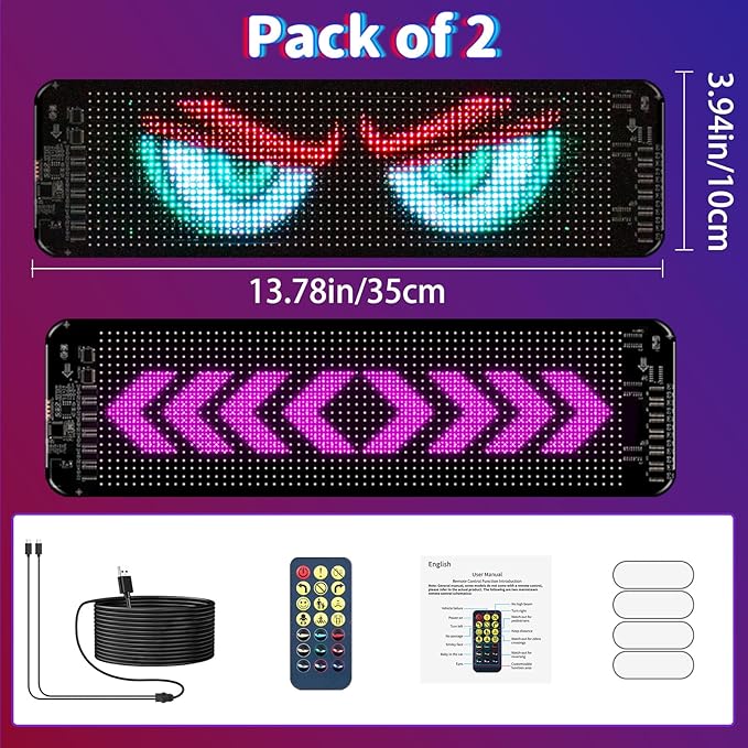 Gelrova Dual-Panel Blinking Devil Eyes Light LED Car Windshield Display: 2-Pack 14"x4" Programmable Matrix, Single USB Power, Remote/App Control, Custom Text/GIFS for Car SUVs, Trucks