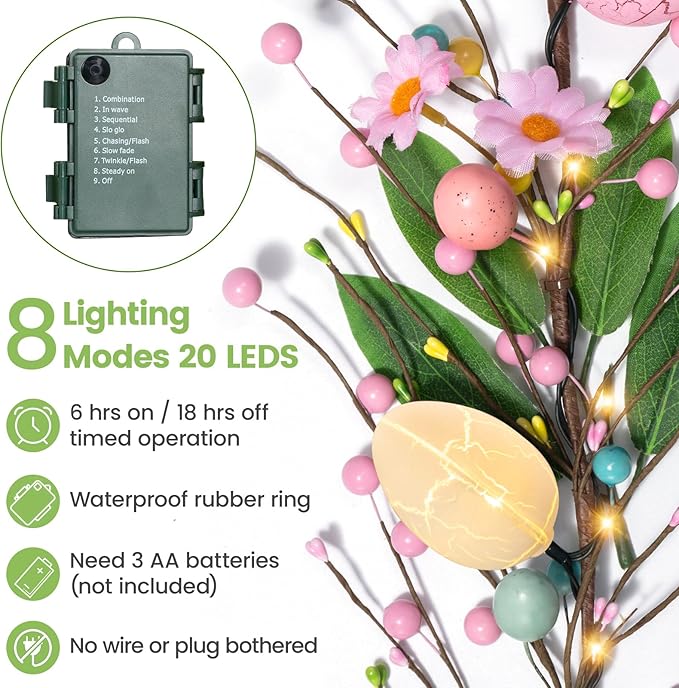 6 FT Pre-Lit Easter Garland with 20 LED Lights & 8 Mode Timer, Mixed Pastel Easter Pip Berry Spring Galand for Mantle Decorations, Lighted Artificial Easter Egg Garland for Fireplace Table Holiday