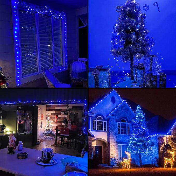 QITONG Blue Solar Christmas Lights, 4 Pack Each 33ft 100 LED Fairy Lights Outdoor Waterproof, 8 Modes Silver Wire Twinkle Mini Lights