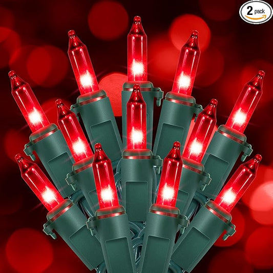 Hopolon Red Christmas Mini String Lights 2 Set 50Count 13Feet Incandescent Bulb Mini String Lights Waterproof for Indoor Outdoor Christmas Tree Garland Birthday Wedding Party Festival Decor,Red