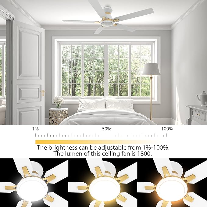 Smart Low Profile Ceiling Fan with Lights, DC 10 Speeds Smart Ceiling Fan with Remote, 3 Light Colors Dimmable Flush Mount, Compatible with Alexa, Siri & Google Home, 52 inches, White & Gold