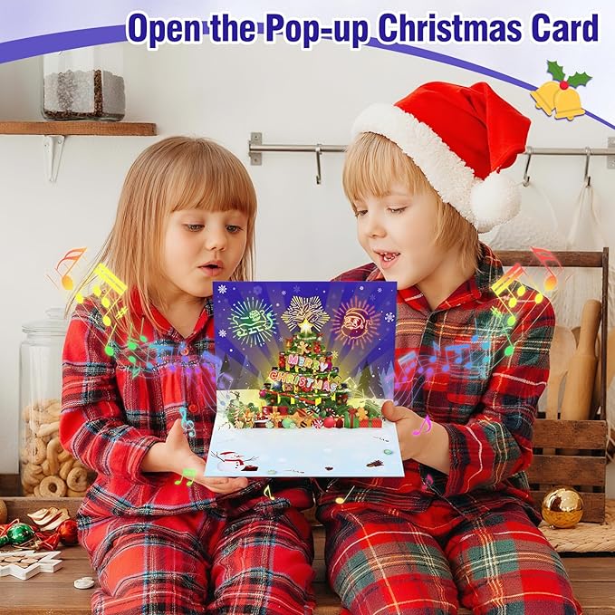 FaCraft Musical Christmas Cards, with Lights and Music, Handmade 3D Pop Up Christmas Tree Card, with Envelope, Blank Insert and Seal, for Winter, Holidays, New Year