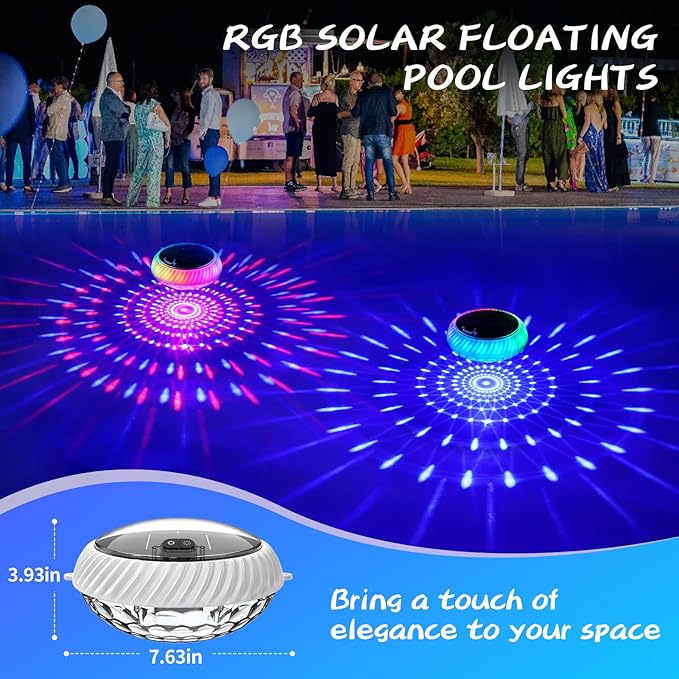 FirstE Solar Floating Pool Lights, 7.6" Dynamic RGB Color Floating Solar Pool Lights IP68 Waterproof, Light Sensing LED Pool Decor Light for Inground, Above Ground Pools, Outdoor, Garden, Party