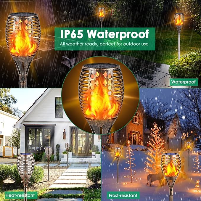 TomCare Solar Lights Upgraded, 43" Higher & Larger Waterproof Flickering Flames 96 LED Torches Outdoor Solar Landscape Decoration Lighting Auto On/Off Pathway Lights for Garden Patio,Bronze (4)