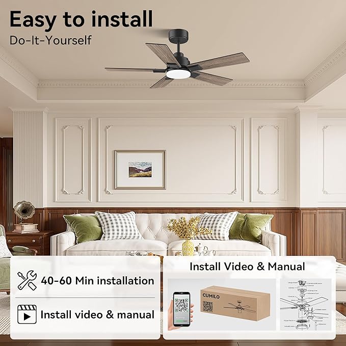 42 Inch Ceiling Fans with Lights,Smart Ceiling Fan with Light and Remote Control,Alexa,APP, Black Indoor Outdoor Ceiling Fans for Small Bedroom,Patio,Porch,5 Blades,Dimmable LED,6 Speed,Quiet DC Motor