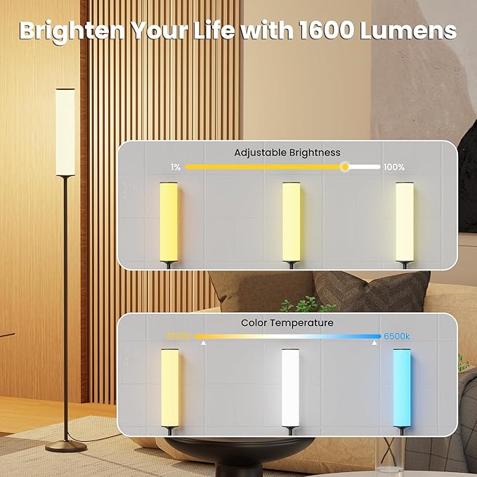 RGB Cylinder Floor Lamp, 1500Lumen Smart Floor Lamps, DIY Mode, Music Sync, Compatible with Alexa, Google, and Apple, for Living Room, Bedroom, Gaming, with Three Stickers