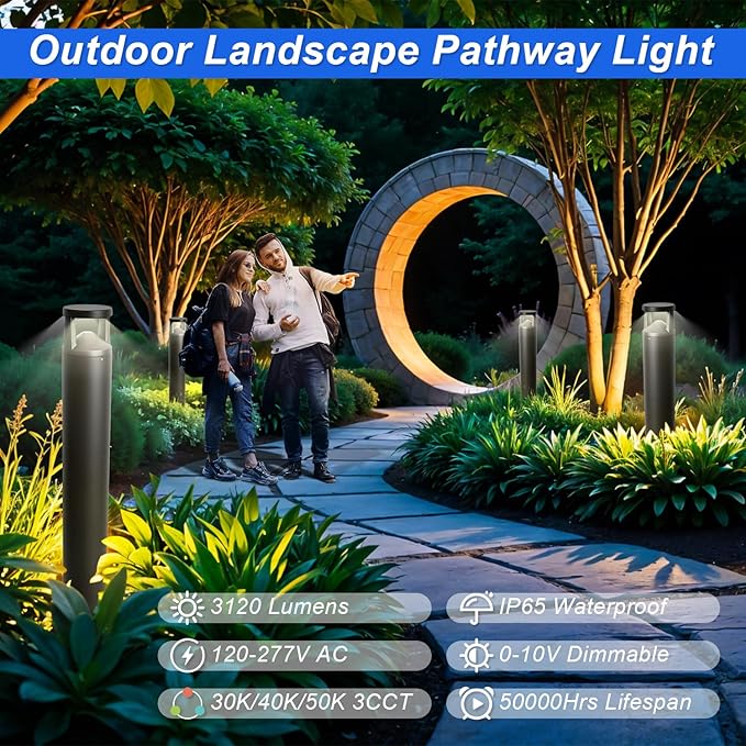 LED Bollard Landscape Light, 24W 42in Outdoor Modern Pathway Light, 3CCT 3000K/4000K/5000K Selectable, 0-10V Dimmable, IP65 Commercial Bollard Lighting for Garden, Pathway, Walkway, 120-277V