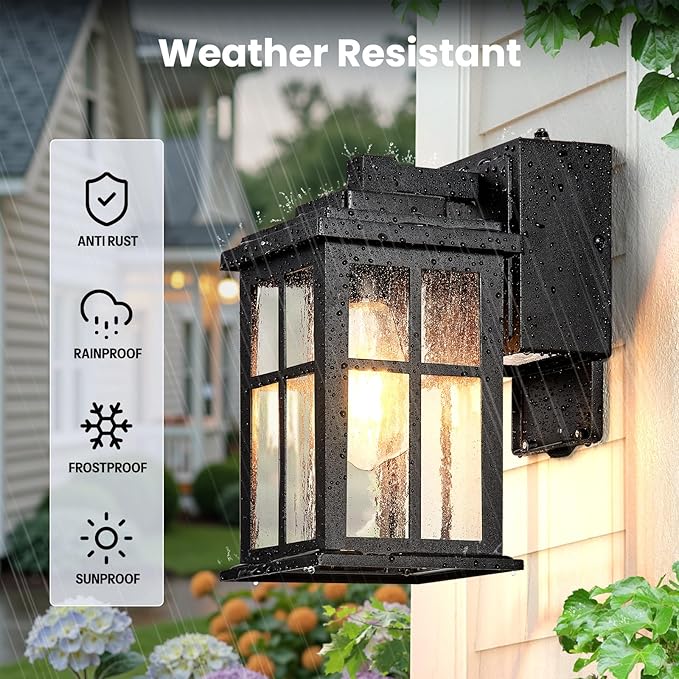 Gleamz Outdoor Porch Light with Outlet GFCI, Modern Black Exterior Lighting Fixtures Wall Mount for House Garage Coach, Waterproof Dusk to Dawn Outdoor Wall Lanterns Sconce, Outside Light with Outlet