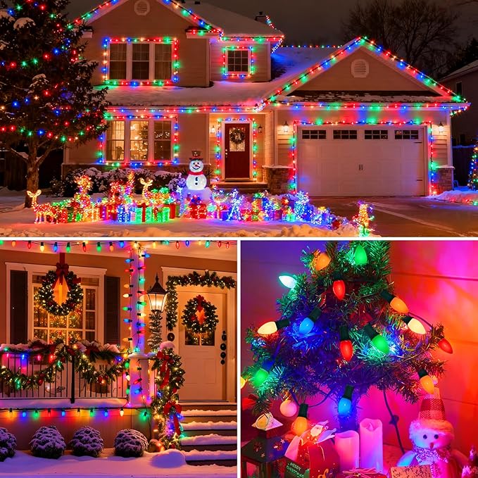 50FT C9 Multicolor Christmas Lights Outdoor, Vintage Christmas Lights Green Wire with 50+5 Multicolored C9 Ceramic Bulbs, Hanging String Light for Xmas Tree Home Yard Party Decor, 7W, E17 Base
